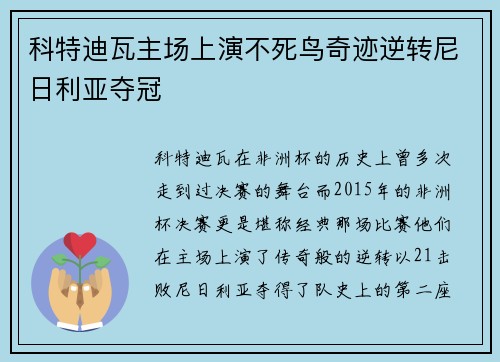 科特迪瓦主场上演不死鸟奇迹逆转尼日利亚夺冠