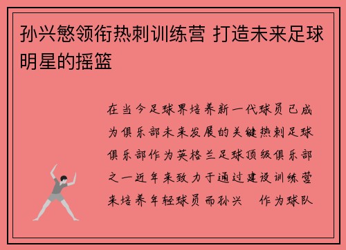孙兴慜领衔热刺训练营 打造未来足球明星的摇篮